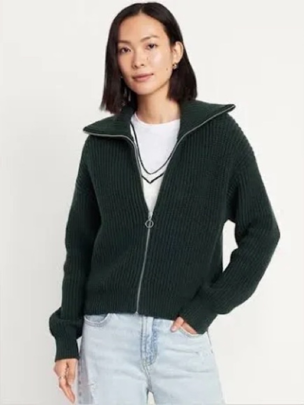 Old Navy zip-up sweater cardigan with shawl mock neck collar in bottle green XXL